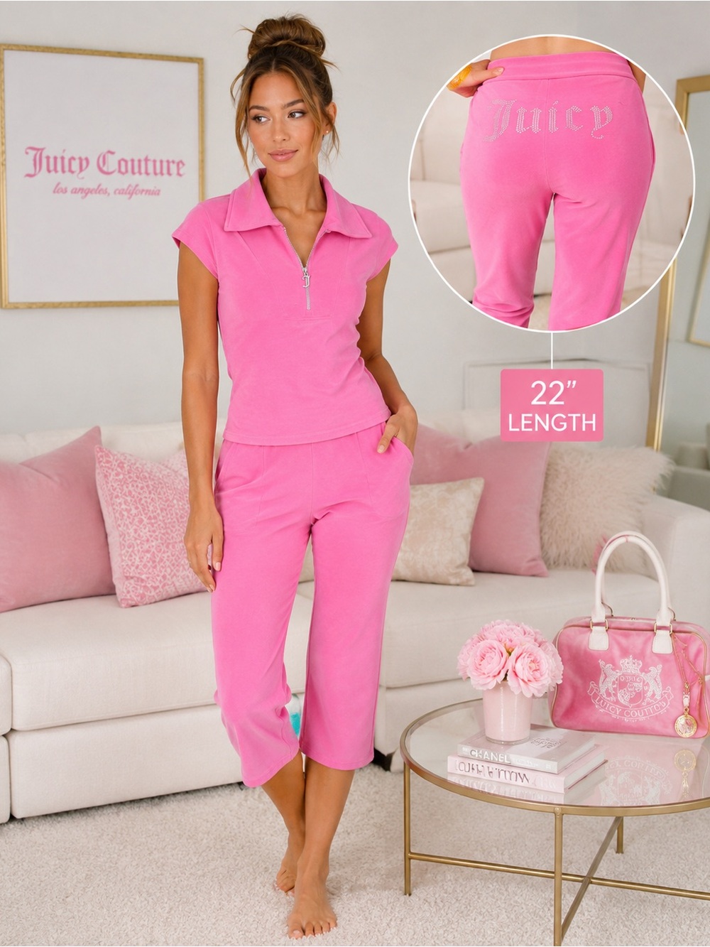 Juicy Couture Sport Pink Rhinestone 2 Piece Capri Lounge Set Small NWT Y2K Bling